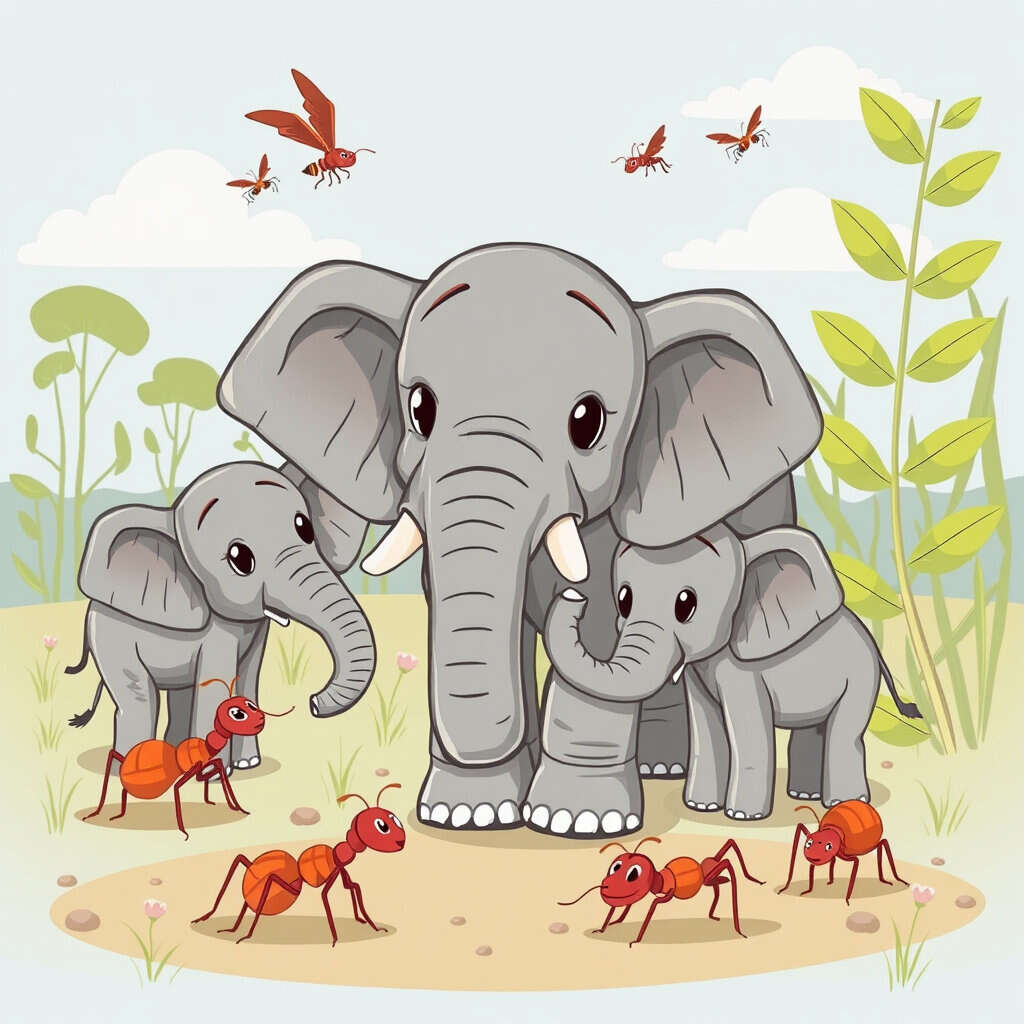 A cartoon image of 3 elephants, 2 are babies. Some red ants are in front of them. They look like they are talking to each other.