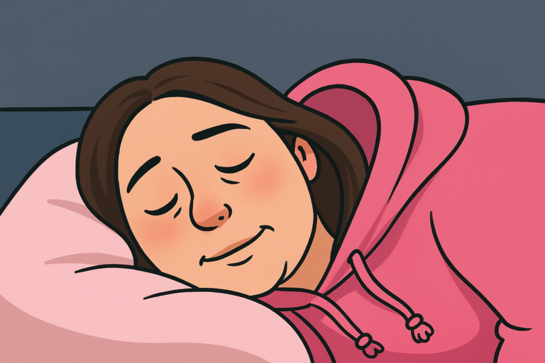 A cartoon illustration of a woman resting on her side in bed, eyes closed, with a calm smile.