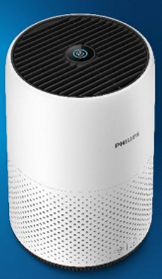 White cylindrical air purifier in front of a blue background