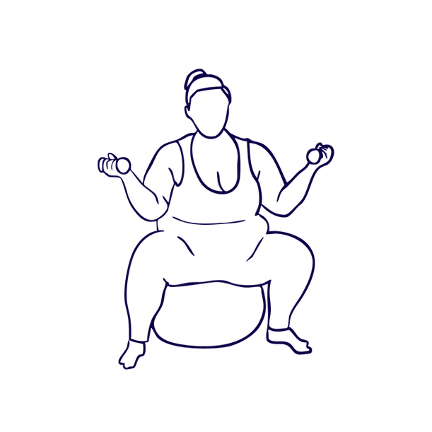 Illustration of a person sitting on an exercise ball lifting light weights