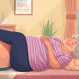 Illustration of an older woman smiling and relaxing on a sofa at home
