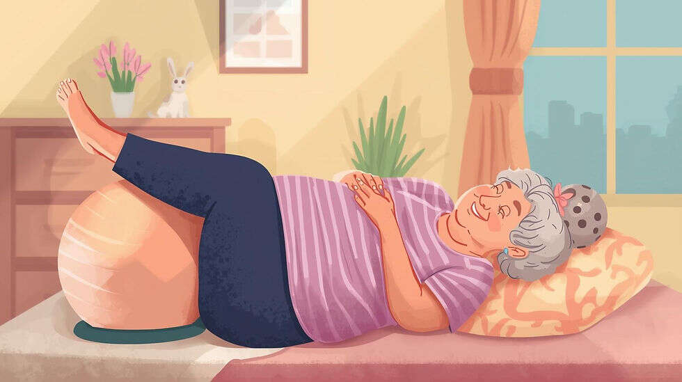 A cartoon of a fat disabled woman lying in bed doing gentle Pilates with a ball, smiling.
