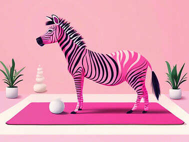 Illustration of a zebra standing on a pink yoga mat