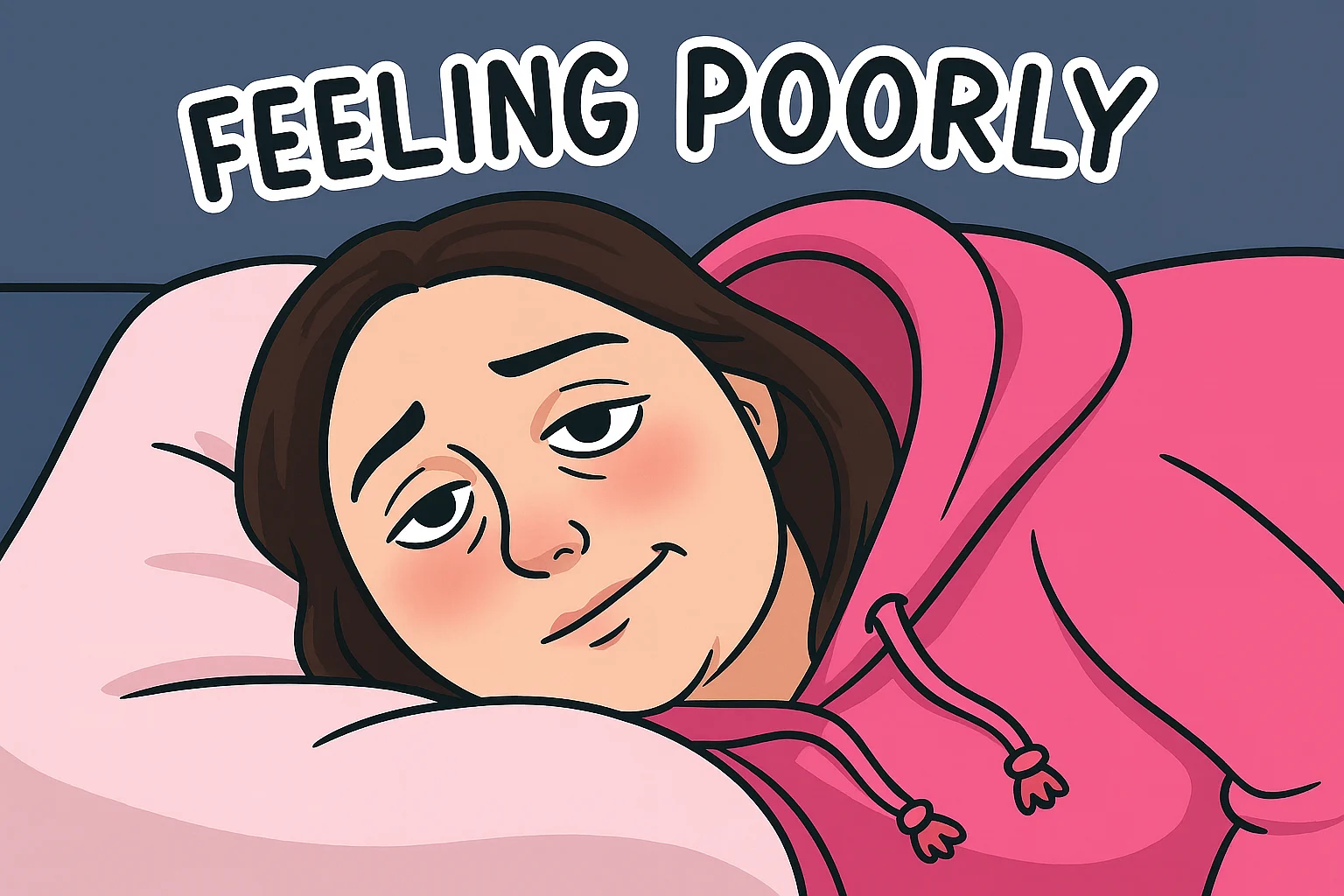 A cartoon illustration of Leanne lying on her side in bed, looking fed up, with "Feeling poorly" written above her.