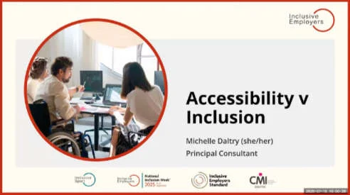 First slide of the Accessibility v Inclusion event, showing a man in a wheelchair and a woman looking at a laptop.