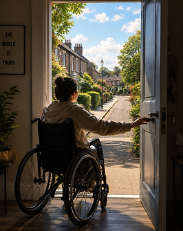 A wheelchair user opens the front door of a terraced house to head out onto the street