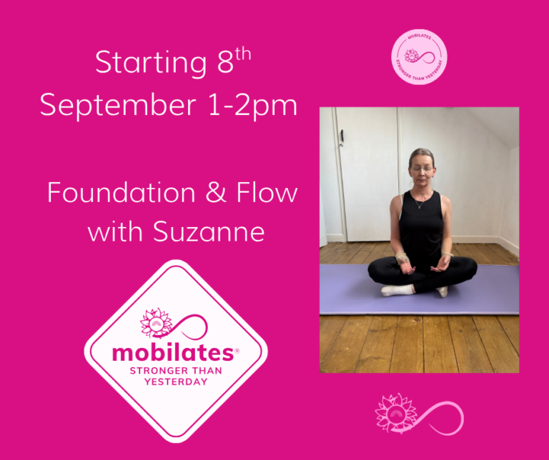 Suzanne sitting cross-legged on a yoga mat for the Foundation & Flow Pilates programme