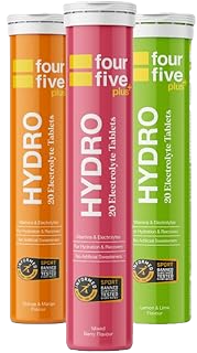 Three tubes of Fourfive Hydro electrolyte tablets in different flavours