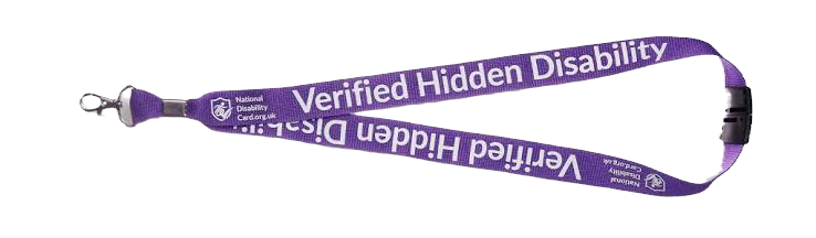 A purple lanyard printed with the words Verified Hidden Disability