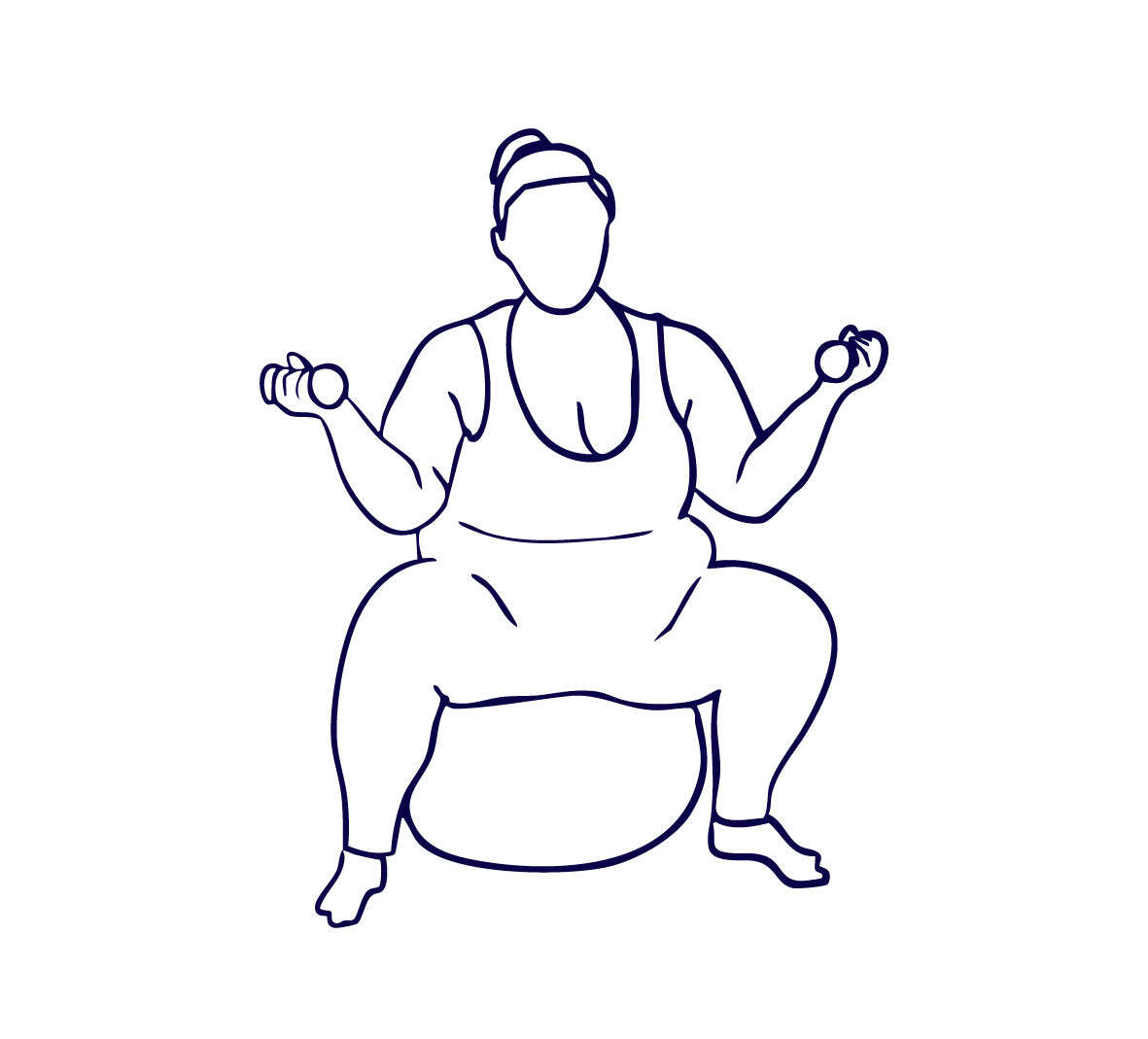 Illustration of seated Pilates on an exercise ball with hand weights.