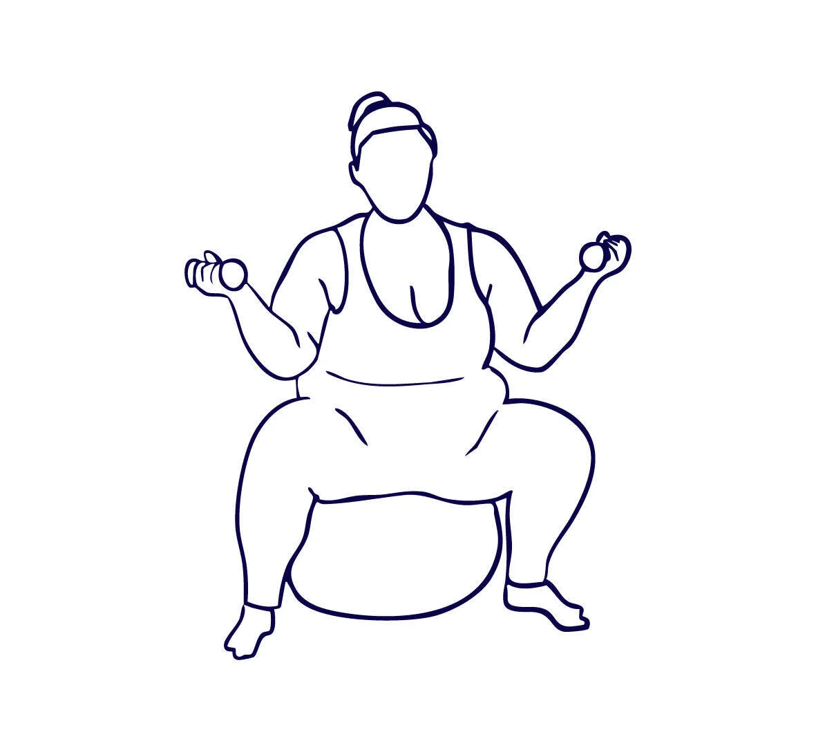 Illustration of seated Pilates on an exercise ball with hand weights.