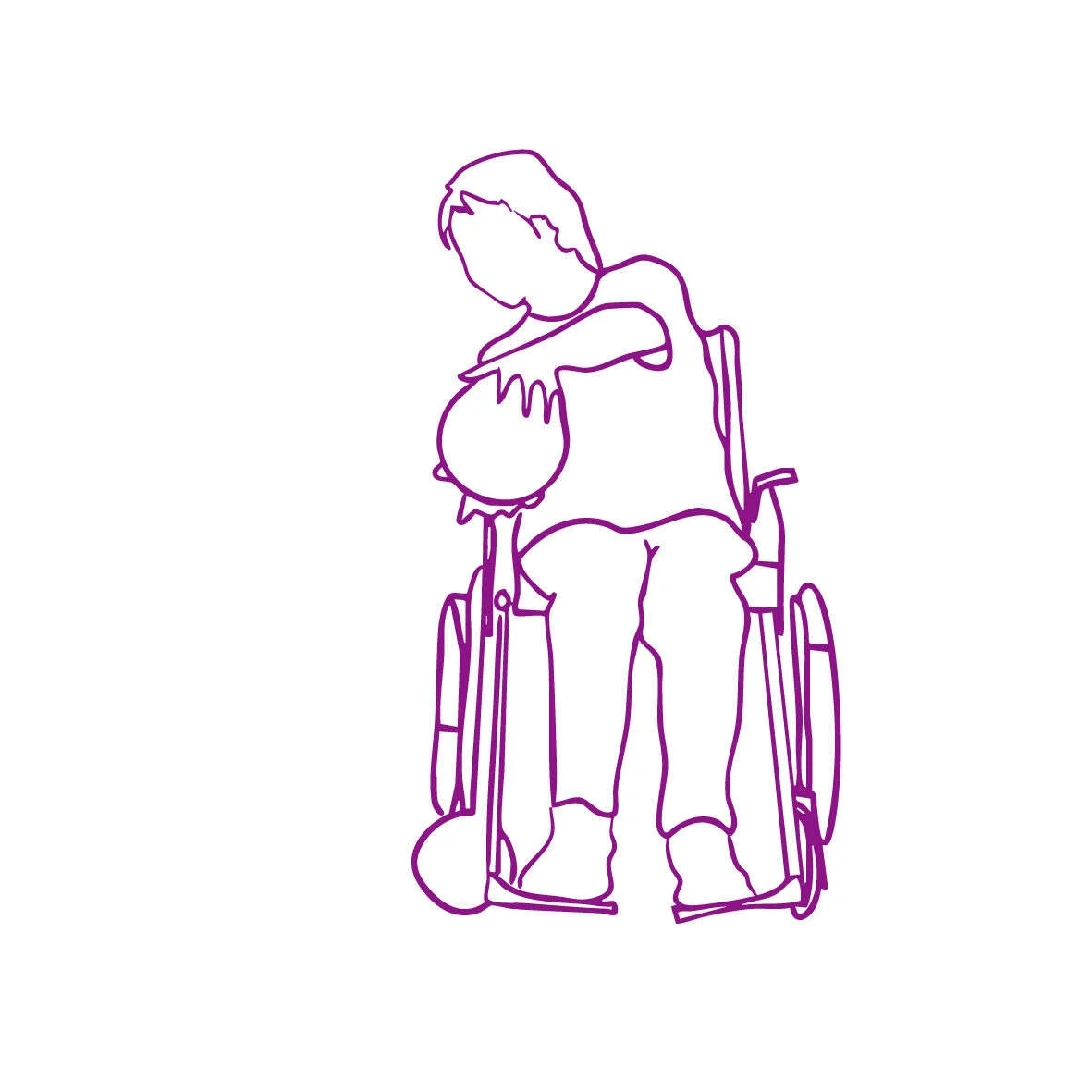 Line illustration of a person using a wheelchair doing Pilates exercises with a ball.