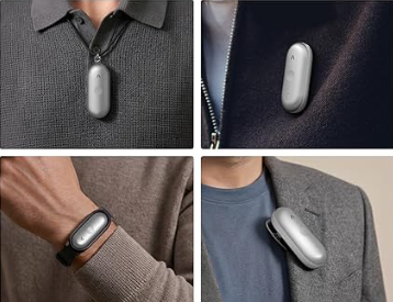 Four photos showing the Plaud NotePin worn as a necklace, clipped to a jacket lapel, worn on the wrist, and pinned to a jacket