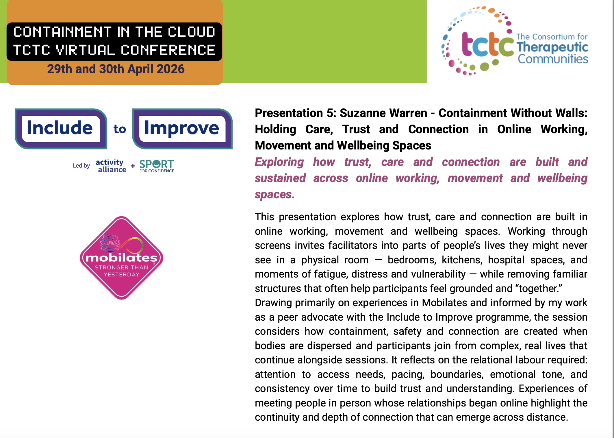 Conference slide for Suzanne's presentation, Containment Without Walls, at the TCTC Virtual Conference