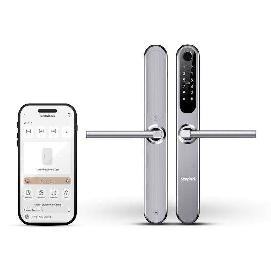 A Simpled smart door lock shown from both sides, with its phone app