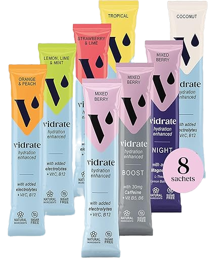 A row of Vidrate hydration sachets in assorted flavours